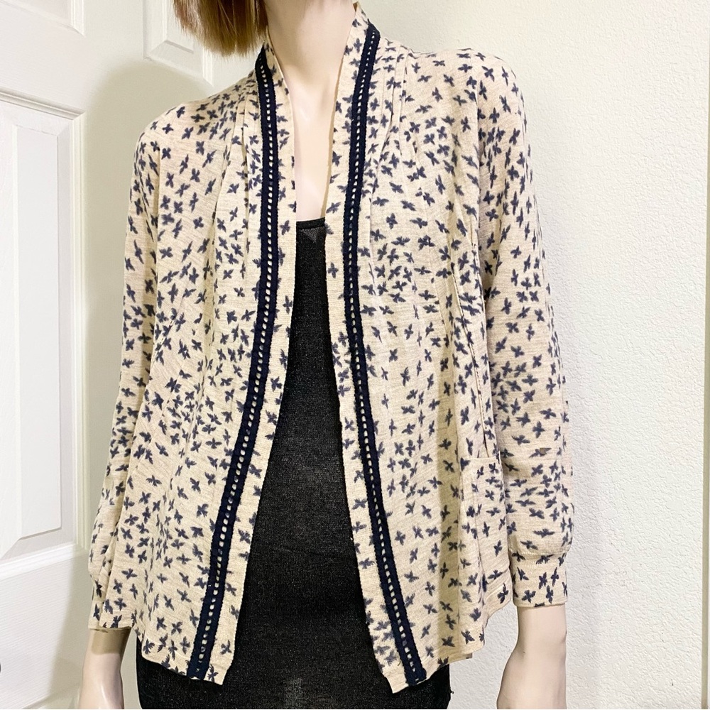 Anthropologie Cream and Navy Floral Print Open Cardigan